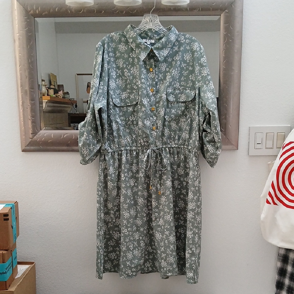 Green Floral Dress with Elastic Waist